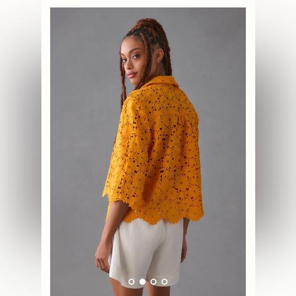 Anthropologie Maeve lace half sleeve button-down shirt in Mango - Picture 2 of 11